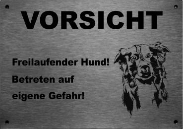 Edelstahl Warnschild Australian Shepherd VORSICHT Freilaufender Hund! Betreten auf eigene Gefahr!